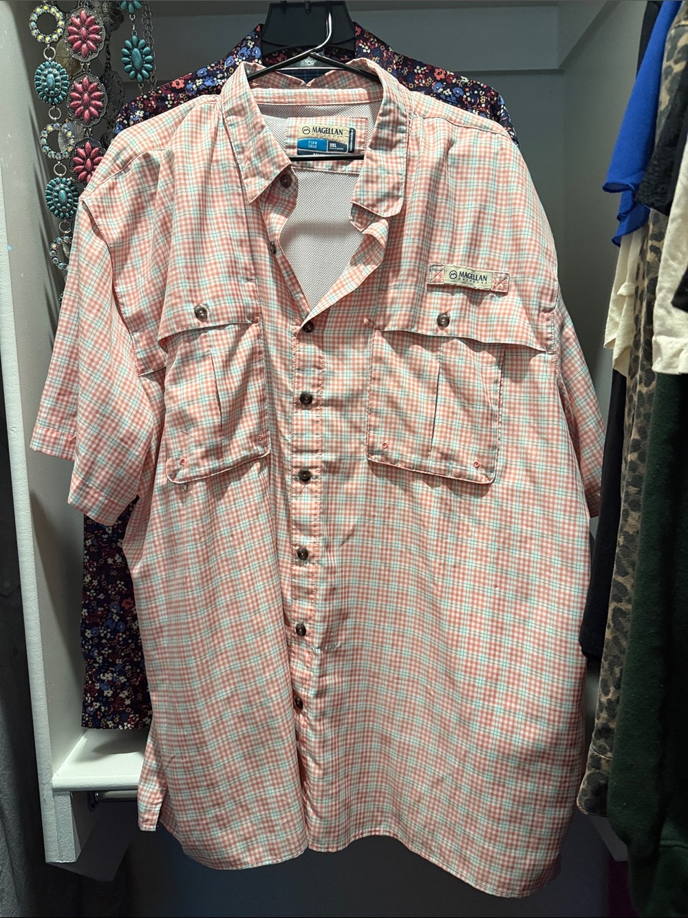 Magellan Outdoors Men's Short Sleeve Plaid Button Shirt - Pink Blue